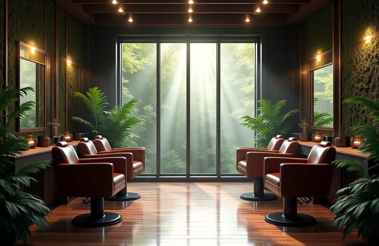 Luxury barber shop with forest-inspired interior